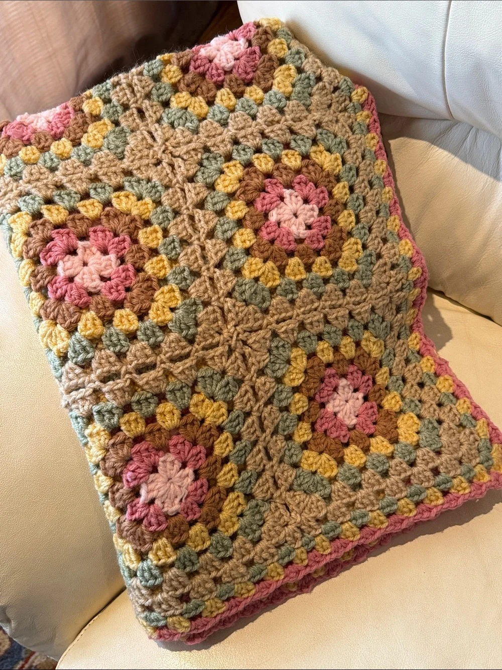 Handmade Blanket-Crocheted Granny Square-Pink/Brown/Green/Yellow-Gently Used